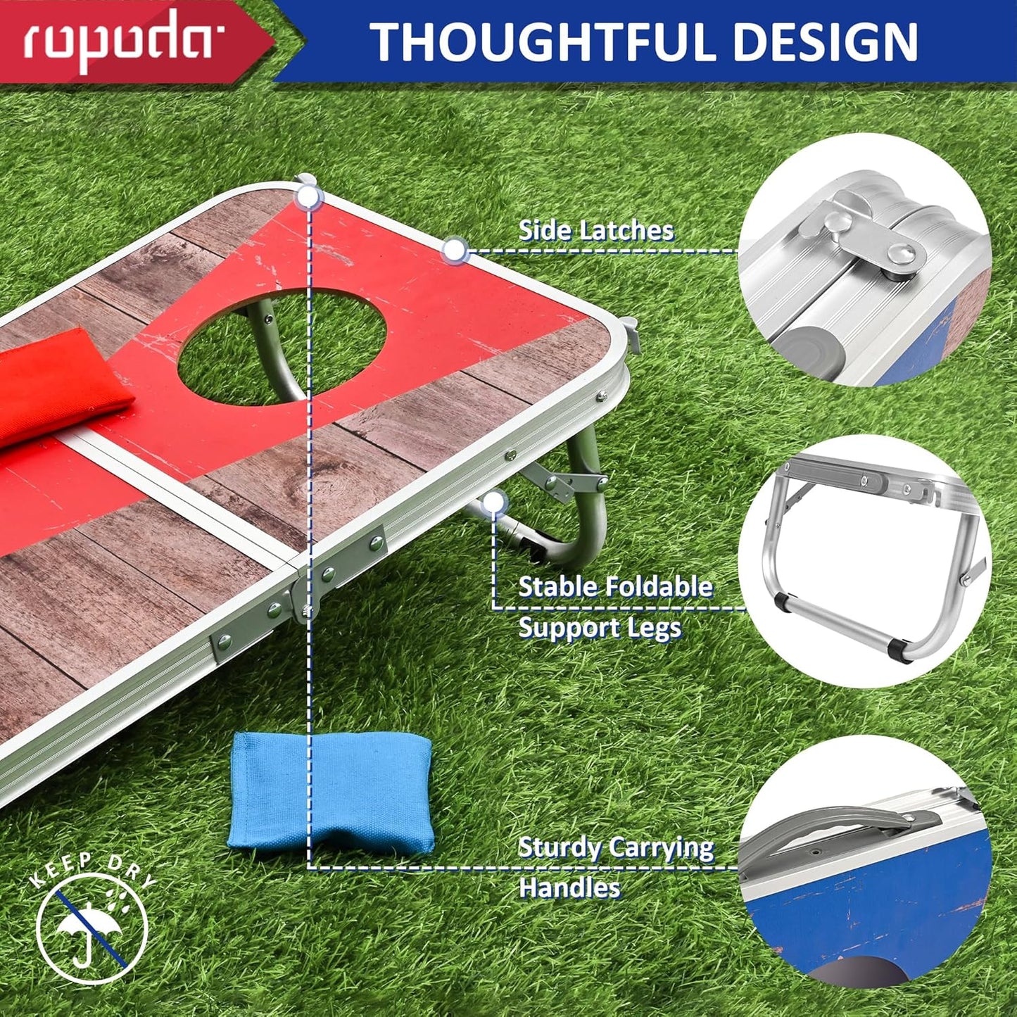 ROPODA Portable Cornhole Board Set,24 x 16 in Corn Hole Games for Adults with 8 Bean Bags, Lightweight Aluminum Alloy Edging Cornhole Set for Outdoor Games，Beach and Tailgates.