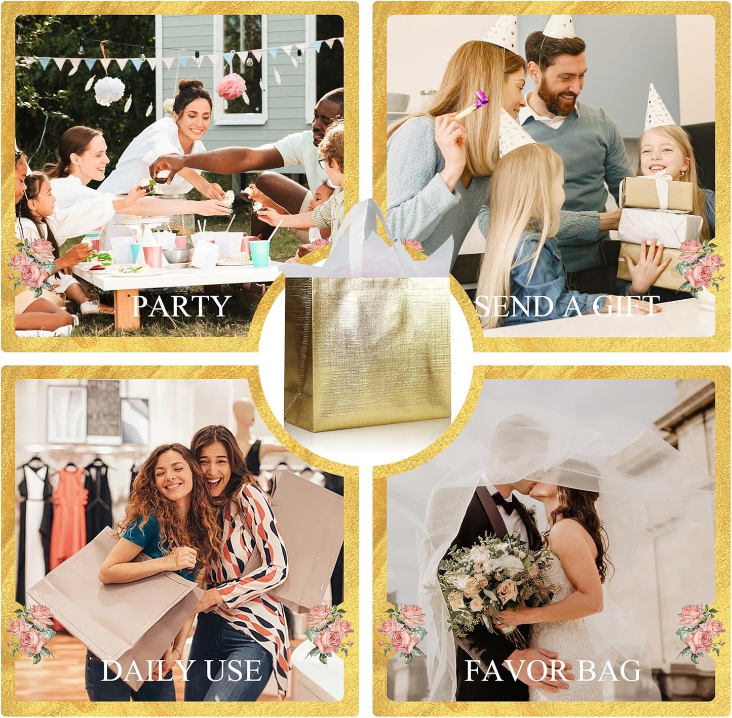 cabzymx 25 Pcs Gold Reusable Gift Bags with Metallic Design, Non-woven Gift Bag Bulk with Handles, Glossy Party Bags for Wrapping Gifts, Birthday, Wedding, Parties, Graduation-12.6x4.7x11 In