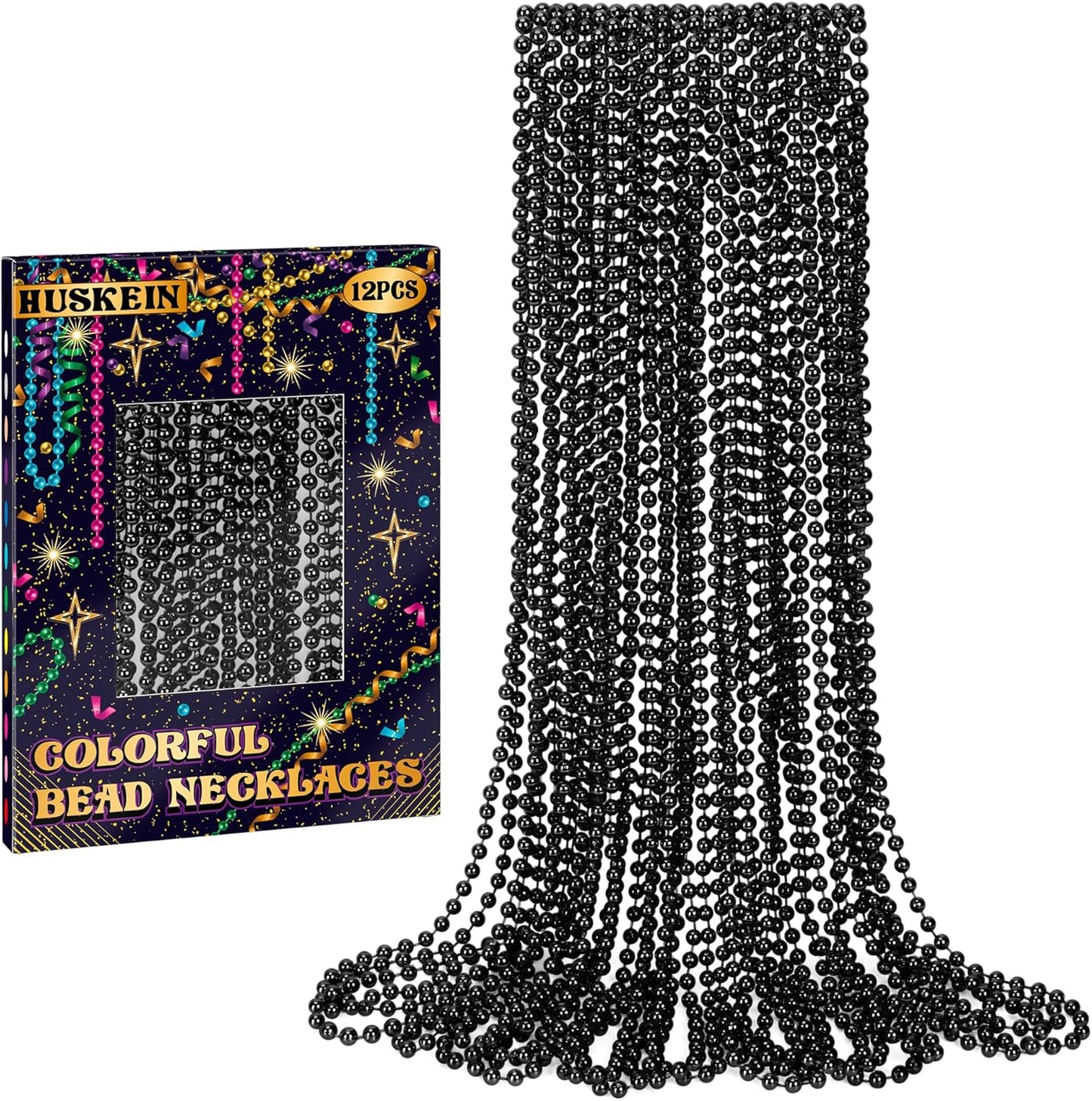 12 PCS Black Beads Necklaces, 33" Mardi Gras Beads Bulk, Round Metallic Black Mardi Gras Stuff Set, Festival Parade Throw Accessories for Parade Party Favors Carnival Decorations