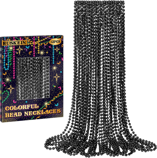12 PCS Black Beads Necklaces, 33" Mardi Gras Beads Bulk, Round Metallic Black Mardi Gras Stuff Set, Festival Parade Throw Accessories for Parade Party Favors Carnival Decorations