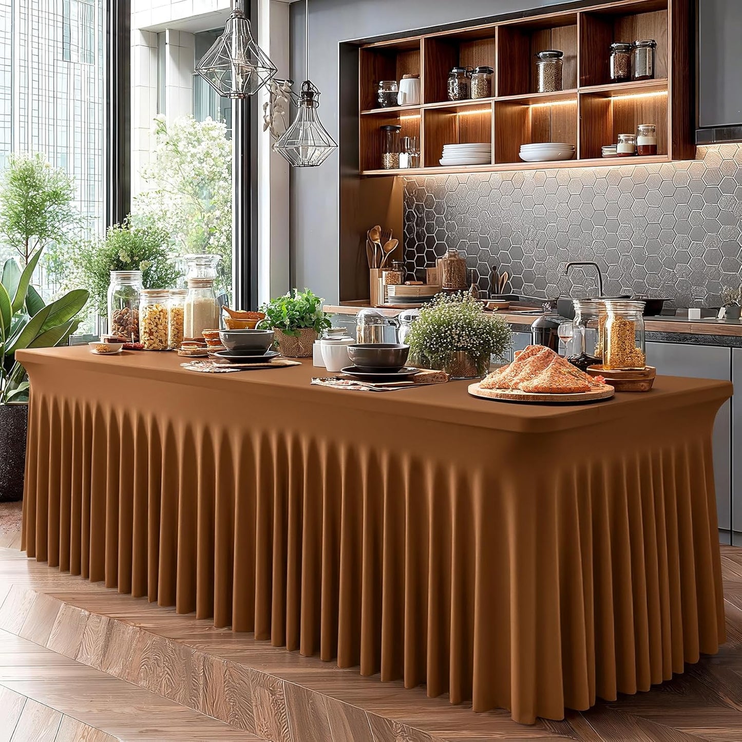 1 Pack Brown Table Clothes for 6 Foot Rectangle Tables, One-Piece Wrinkle Resistant Stretch Spandex Table Covers with Skirt for Event Banquet Wedding Birthday Party