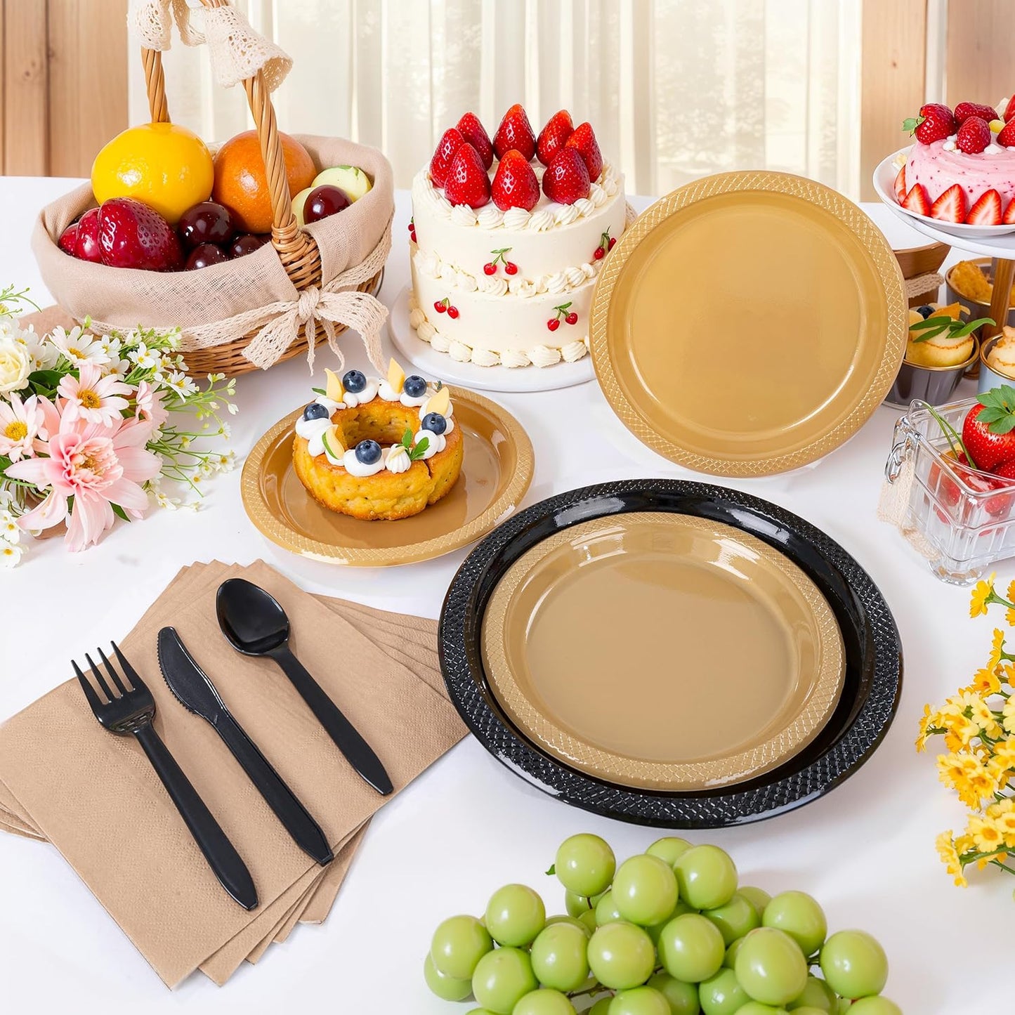 MirthMood 350PCS Black and Gold Plastic Plates,Black Disposable Plates –Plastic Plates Set Includes 50 Dinner,50 Dessert Plate,50 Cup&50 Napkins, 50 Black Silverware for Wedding& Parties& Halloween