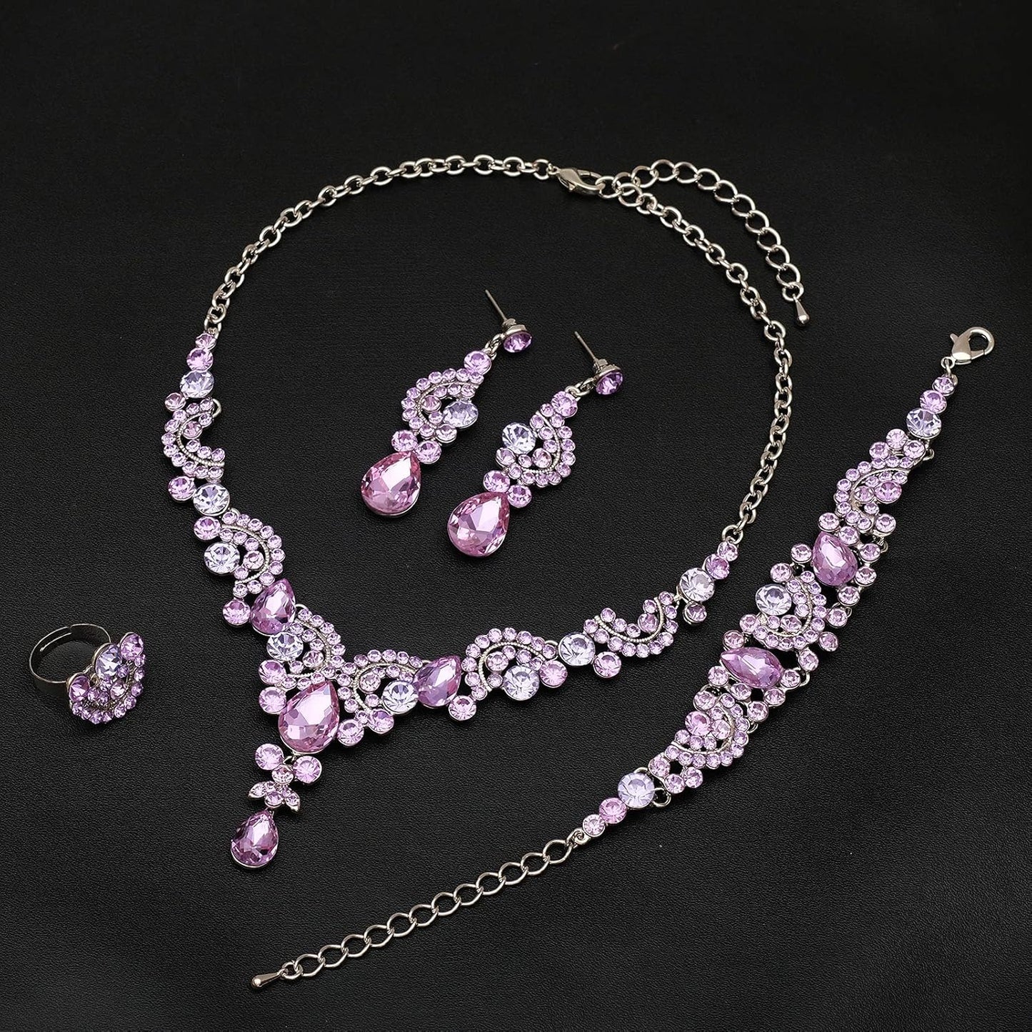 CSY Elegant Crystal Necklace Earrings Bracelet Ring Bridal Wedding Party Costume Jewelry Sets for Brides Women