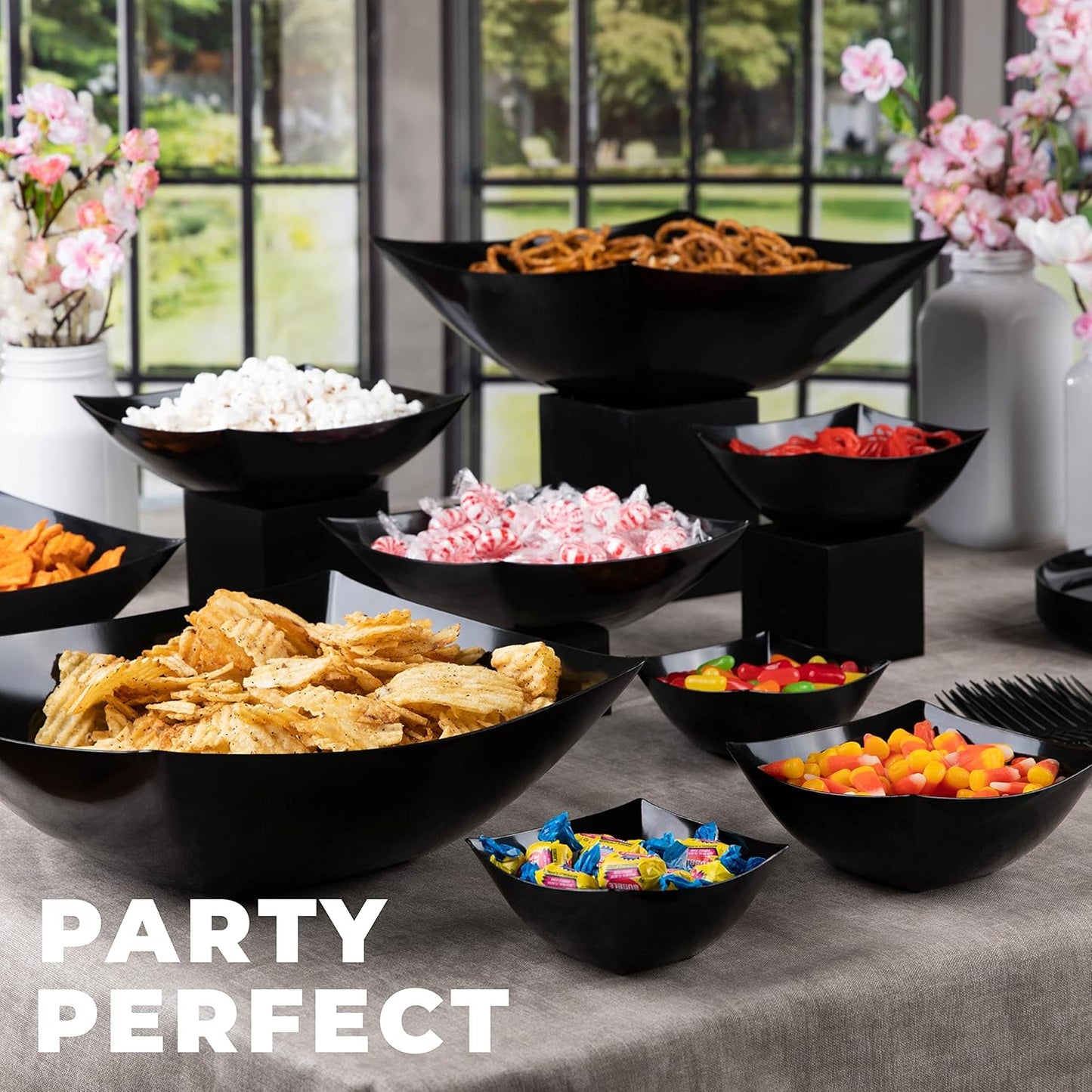 PLASTICPRO Disposable Square Serving Bowls, Party Snack or Salad Bowl, Plastic Black Pack of 4 128 OUNCE, Black