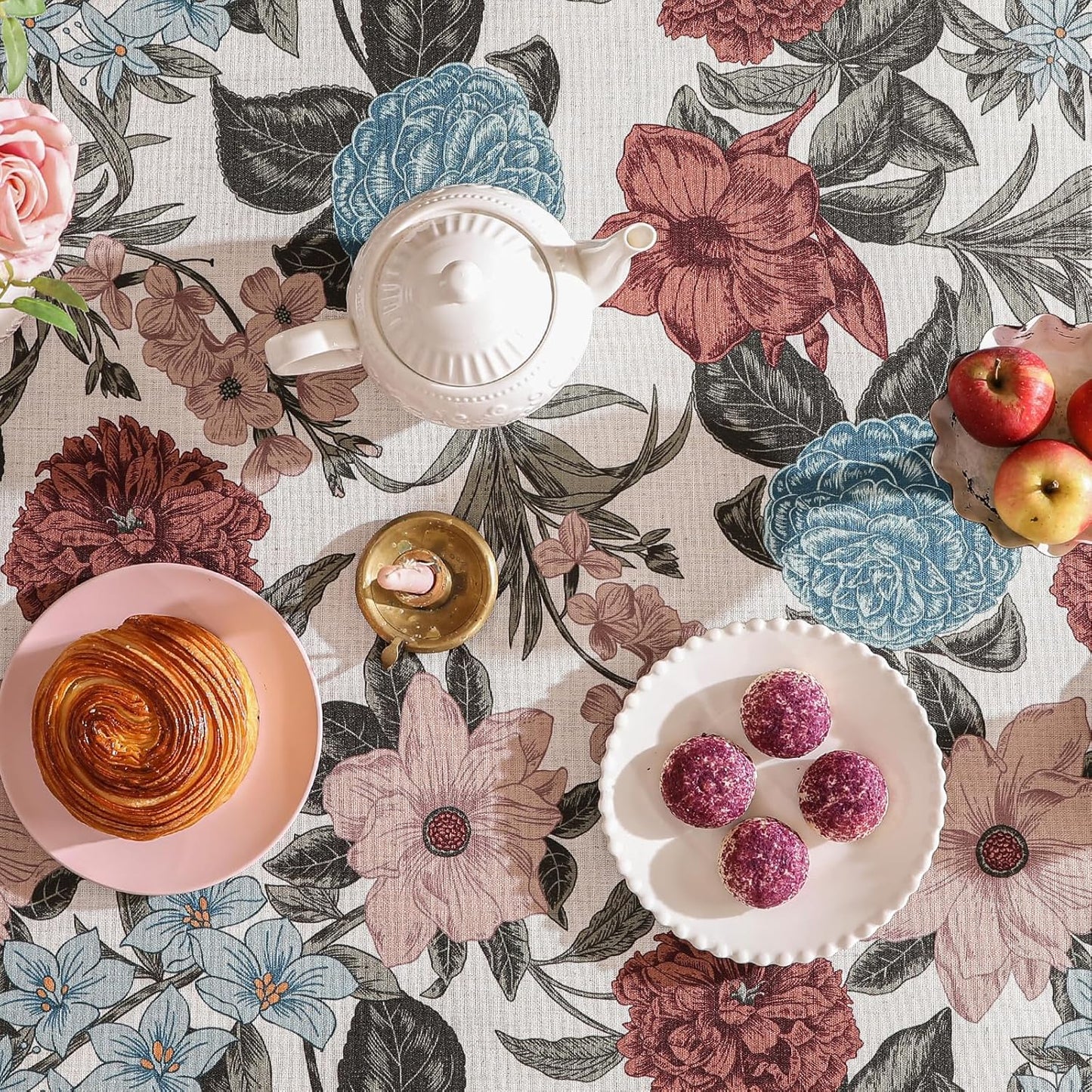 French Linen Tablecloth for Rectangle Table,Red and Blue Floral Durable Extra Long Tablecloths,Decor Table Cover for Kitchen,Dining,Thanksgiving,Christmas,63"*110"-Burgundyred