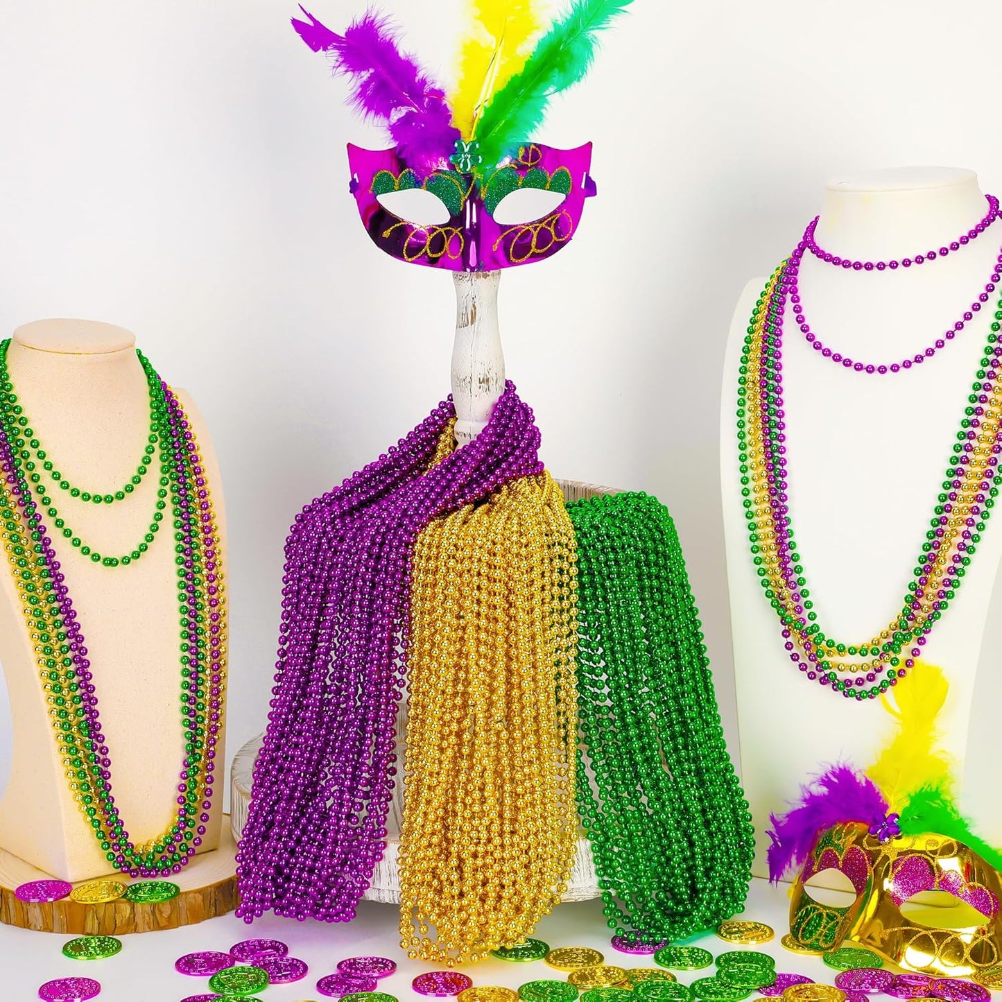 50PCS Mardi Gras Beads, Mardi Gras Green Purple Gold Necklaces Bulk, Metallic Mardi Gras Beads Necklace Accessories Costumes for Parade Throws Party Decorations Favor Supplies