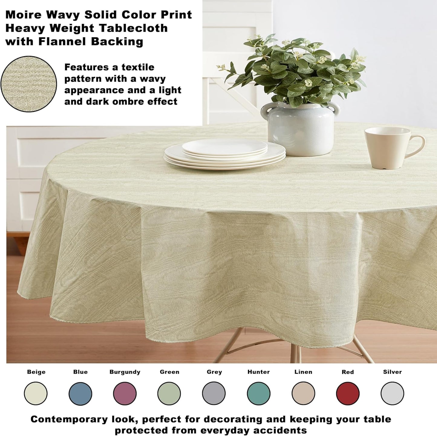 Newbridge Vinyl Flannel Backed Tablecloth, 60 x 84 Inch Oval, Beige Moire Wavy Solid Design, Heavyweight Indoor Outdoor Waterproof Table Cover, Easy Care Wipe Clean