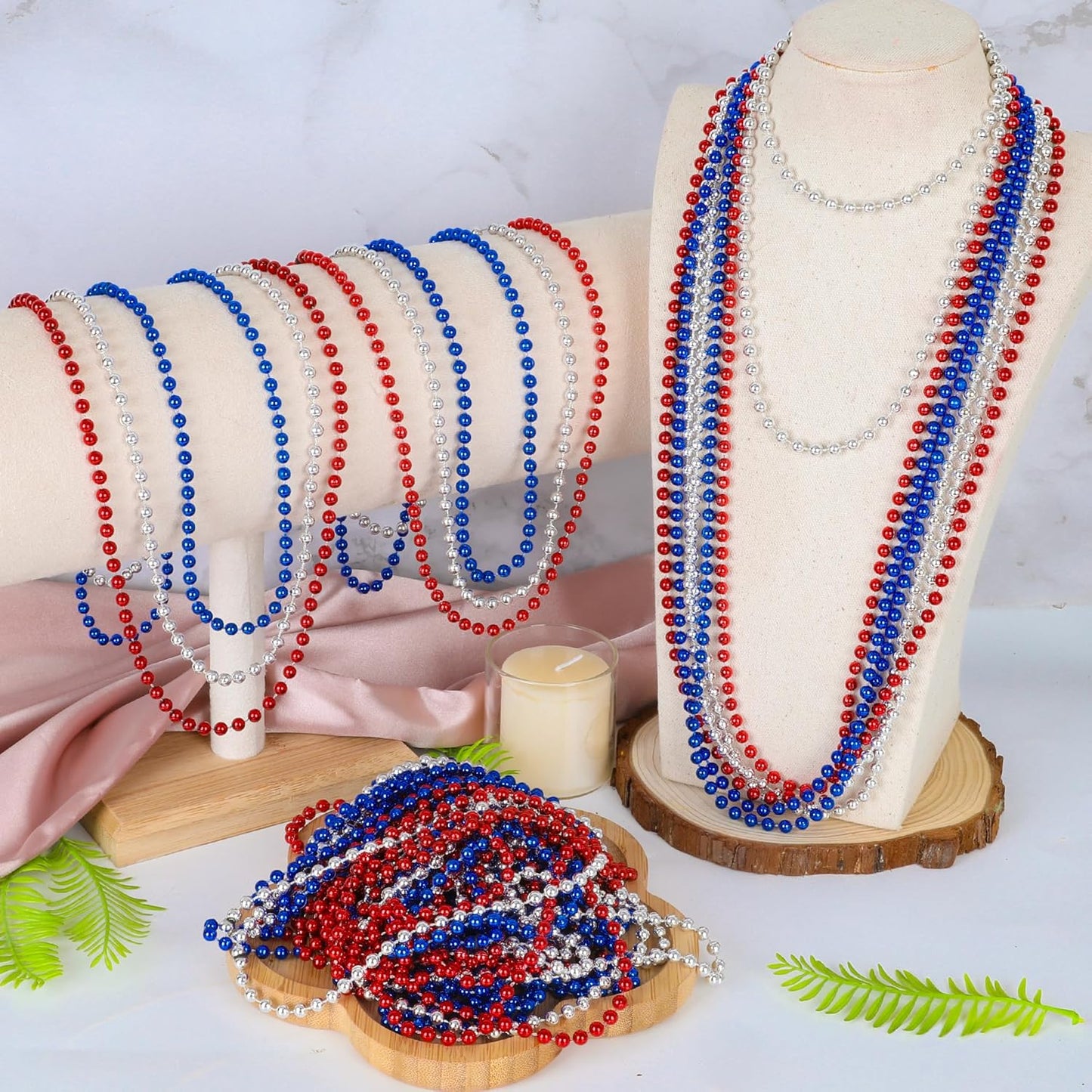 12 PCS 4th of July Beads Necklaces, 33" Red Silver Blue Beaded Necklaces Bulk, Patriotic Round Beads, Independence Day Parade Suppliesfor Fourth of July Party Accessories Decorations Favors