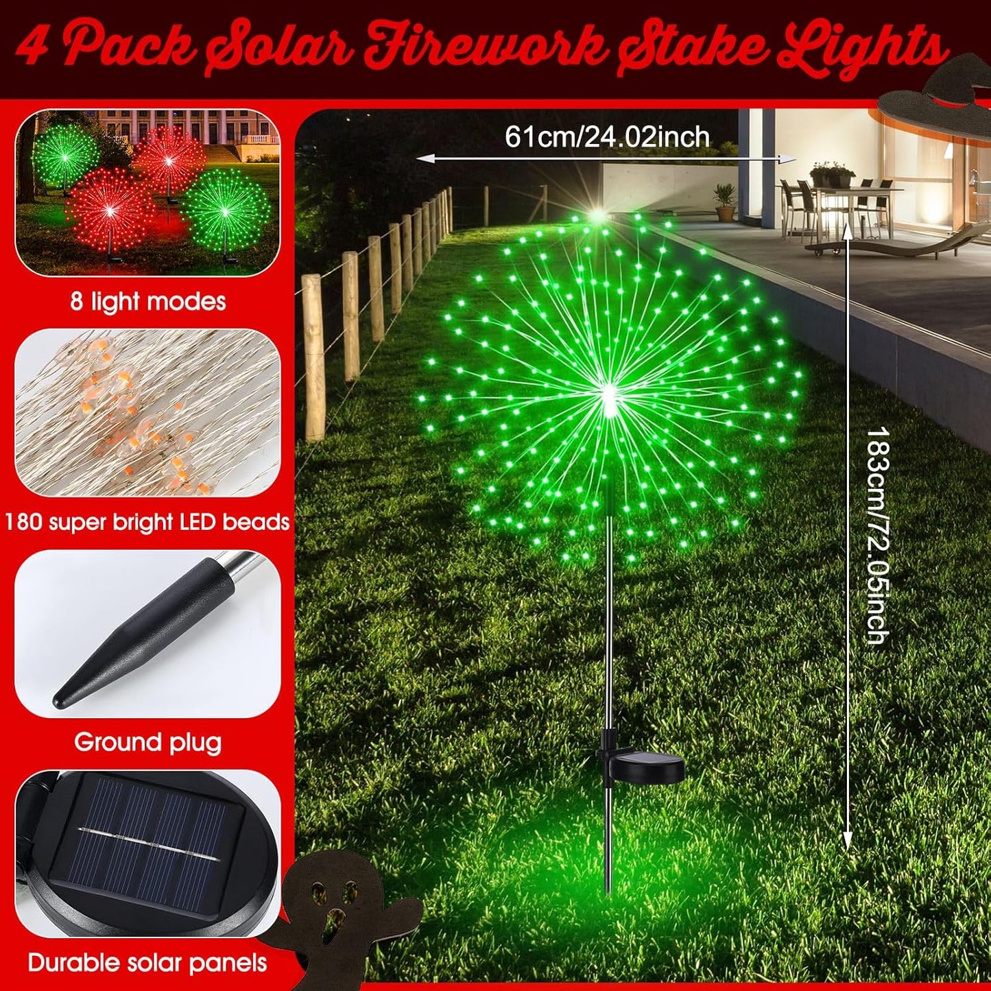 4 Pack Christmas Solar Firework Lights Decorations Garden Pathway Solar Power Light Stake Waterproof Landscape Lamp with 180 LED 8 Modes for Christmas Party Decoration(Red Green)