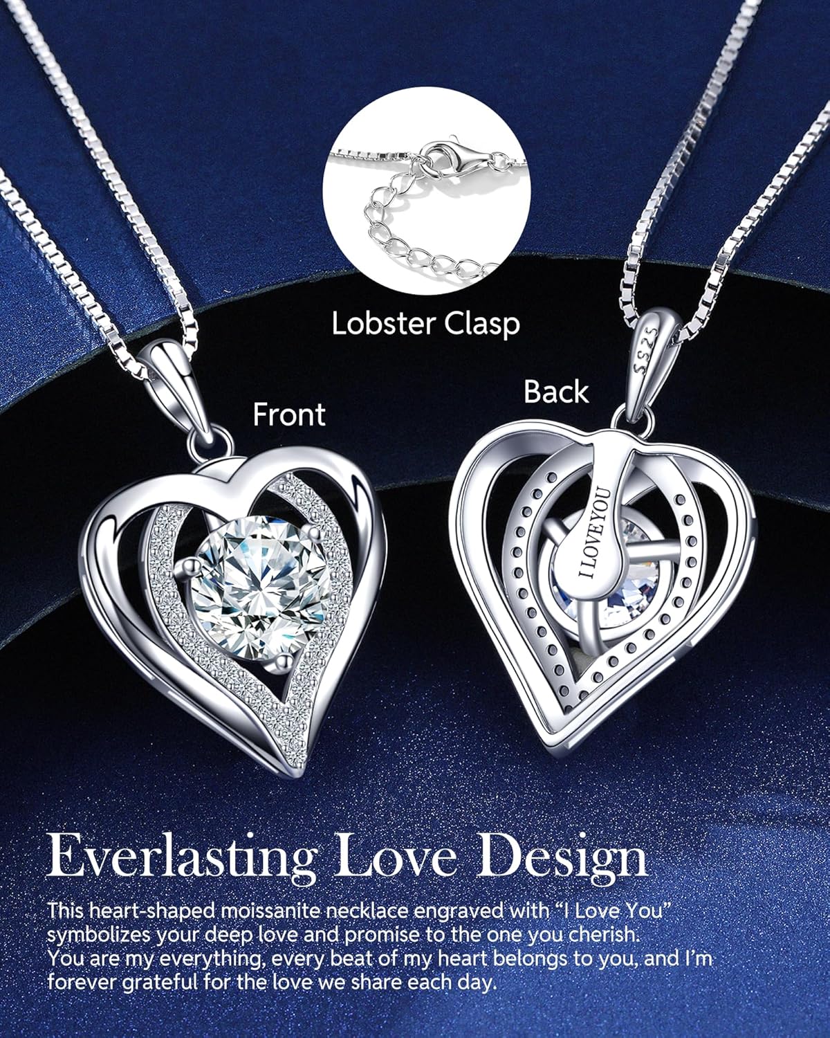 Moissanite Necklace for Women, 1-3 Carat Heart Necklace Engraved with 'I LOVE YOU' Gift for Wife, Anniversary Birthday Christmas Valentine Engagements Mothers Day Jewelry for Wife Her Girlfriend Mom Daughter