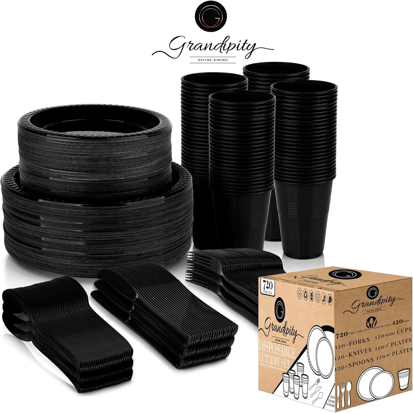 720-Piece Black Disposable Dinnerware Set - 120 Guest Plastic Dinnerware Set - 9" Dinner Plates, 7" Dessert Plates, 12oz Cups, Forks, Knives & Spoons