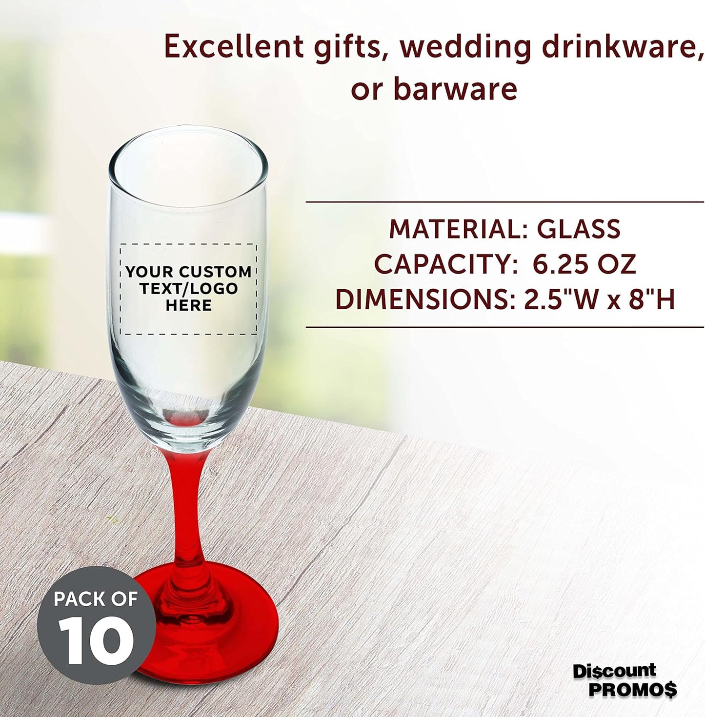 DISCOUNT PROMOS Custom Premiere Champagne Flutes 6.25 oz. Set of 10, Personalized Bulk Pack - Elegant Drinkware for Weddings, Events, & Promotional Gifts - Red