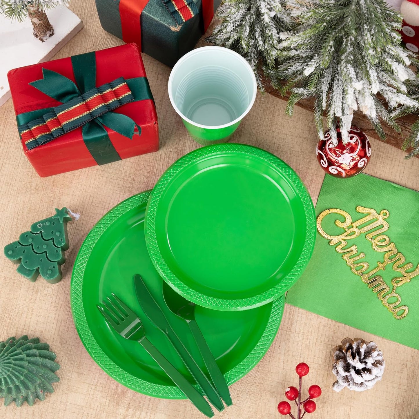 WELLIFE 210Pcs Green Plastic Plates, Christmas Plates Disposable, Christmas Party Supplies Including Green plates, 12oz Cups, Plastic Cutlery and Napkins Serve 30 Guests