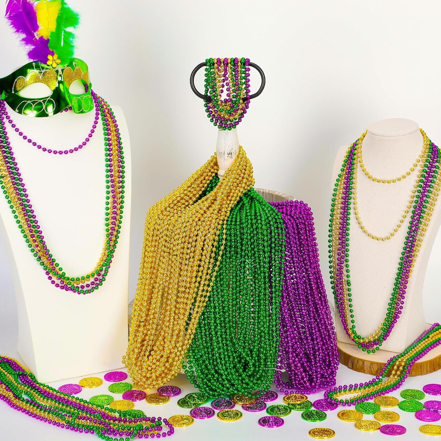 200PCS Mardi Gras Beads, 33" Bead Necklace, Mardi Gras Accessories, Purple Gold Green Party Beads Parade Throws Bulk for Christmas Pirate Baby Shower Wedding Birthday Party Supplies Decor