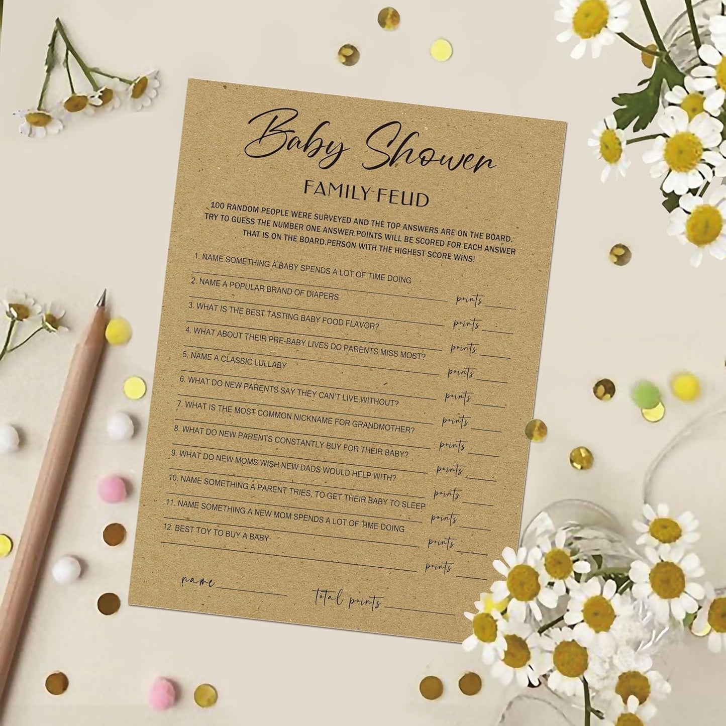 Family Feud Baby Shower Game - Pack of 30 Cards & Answer Key, Gender Neutral Decorations & Supplies for 10 Players