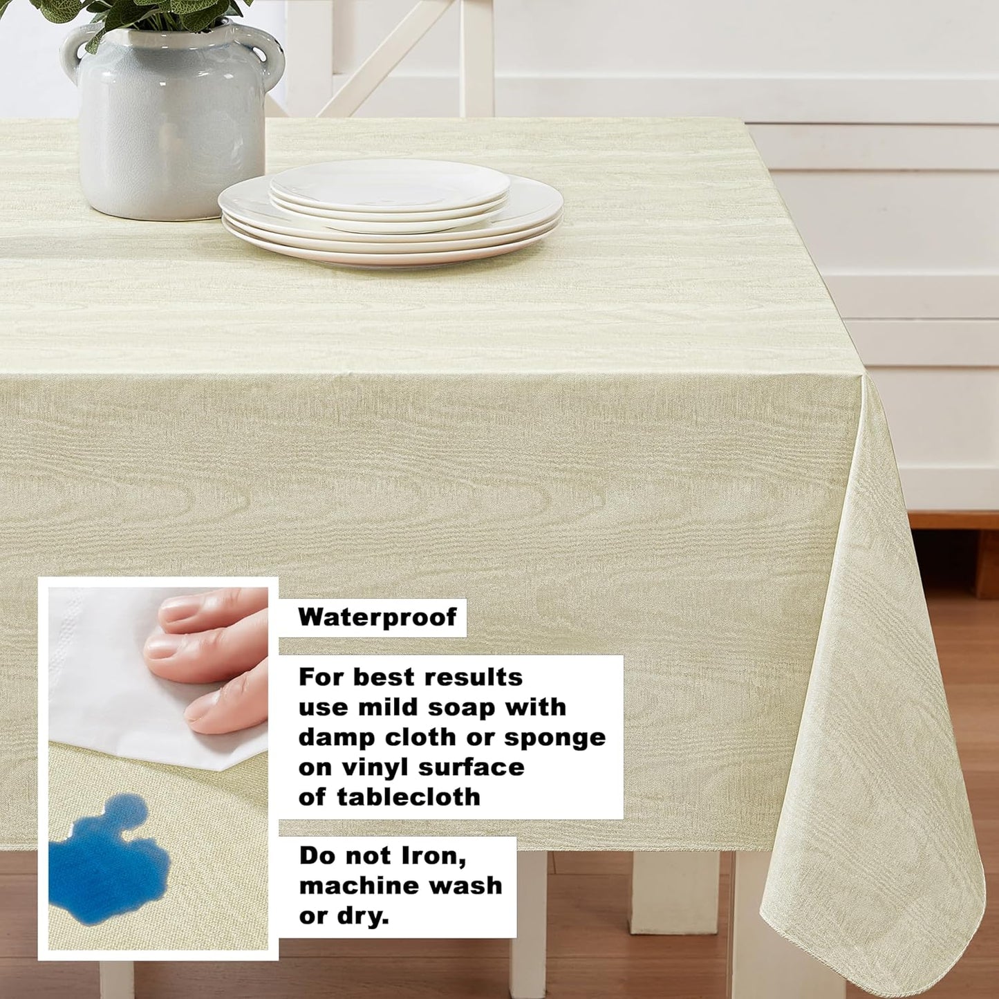 Newbridge Vinyl Flannel Backed Tablecloth, 52 x 70 Inch Rectangle, Beige Moire Wavy Solid Design, Heavyweight Indoor Outdoor Waterproof Table Cover, Easy Care Wipe Clean