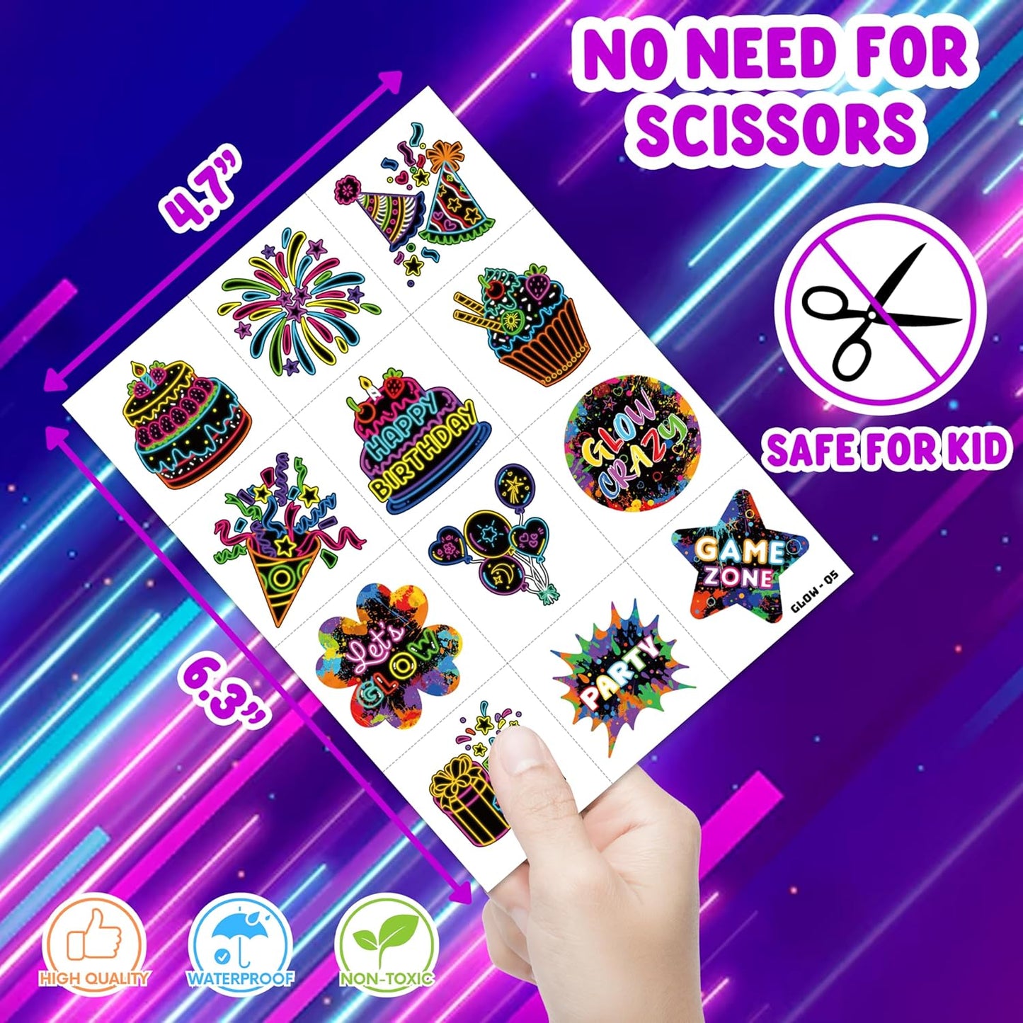 96 PCS Neon Let Glow In The Dark Pre-Cut Temporary Tattoos for Kids | Super Cute Themed Birthday Party Favors, Supplies, Decorations, Fake Tattoo Stickers, School Rewards Prizes & Gifts Boys & Girls