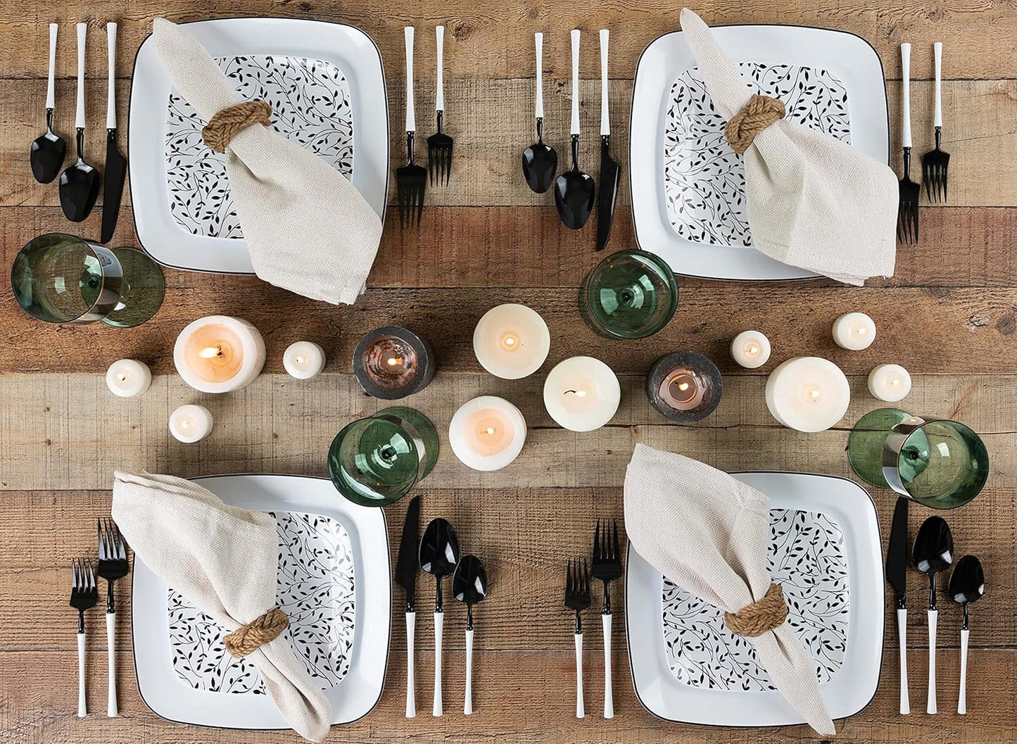 PLASTICPRO Square 32 Piece Combo Plates Set includes 16 x 7'' inch Salad Plates & 16 x 10'' inch Dinner Plates White Plastic withBlack Leaf Design Party Plates, Premium Elegant, Tableware,