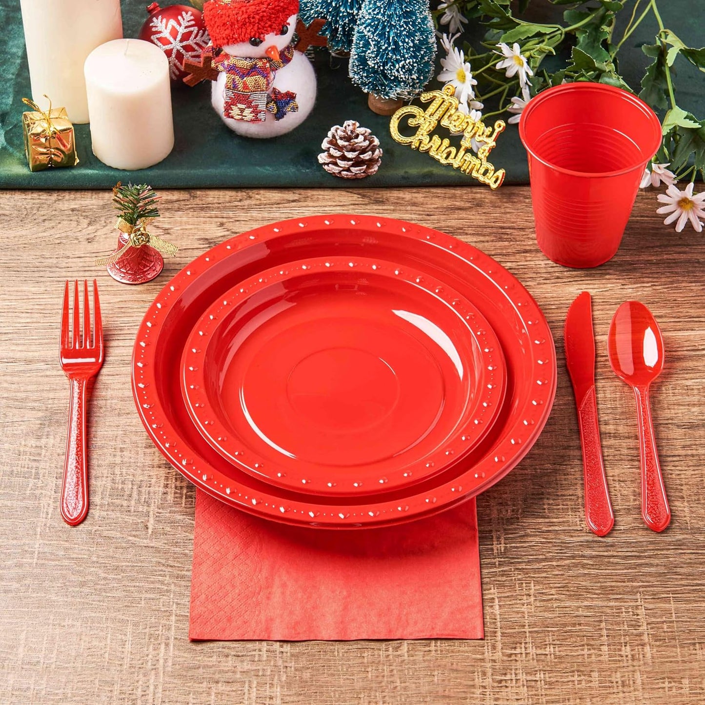 175 PCS Red Plastic Dinnerware Set Includes 50 Plates, 25 Cups, 25 Napkins, 25 Cutlery Spoons Forks & Knives, Disposable Dinnerware Set, Red Party Supplies Set