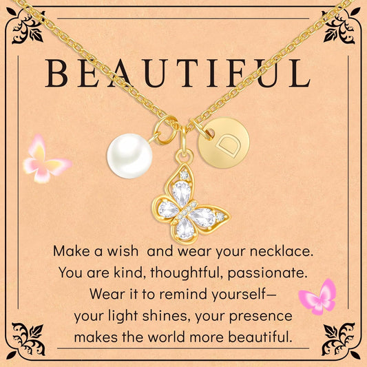 Butterfly Pearl Initial Necklace for Girls,14K Gold Plated Letter Butterfly Pendant Dainty Jewelry Birthday Christmas Gifts for Girls Daughter Best Friend