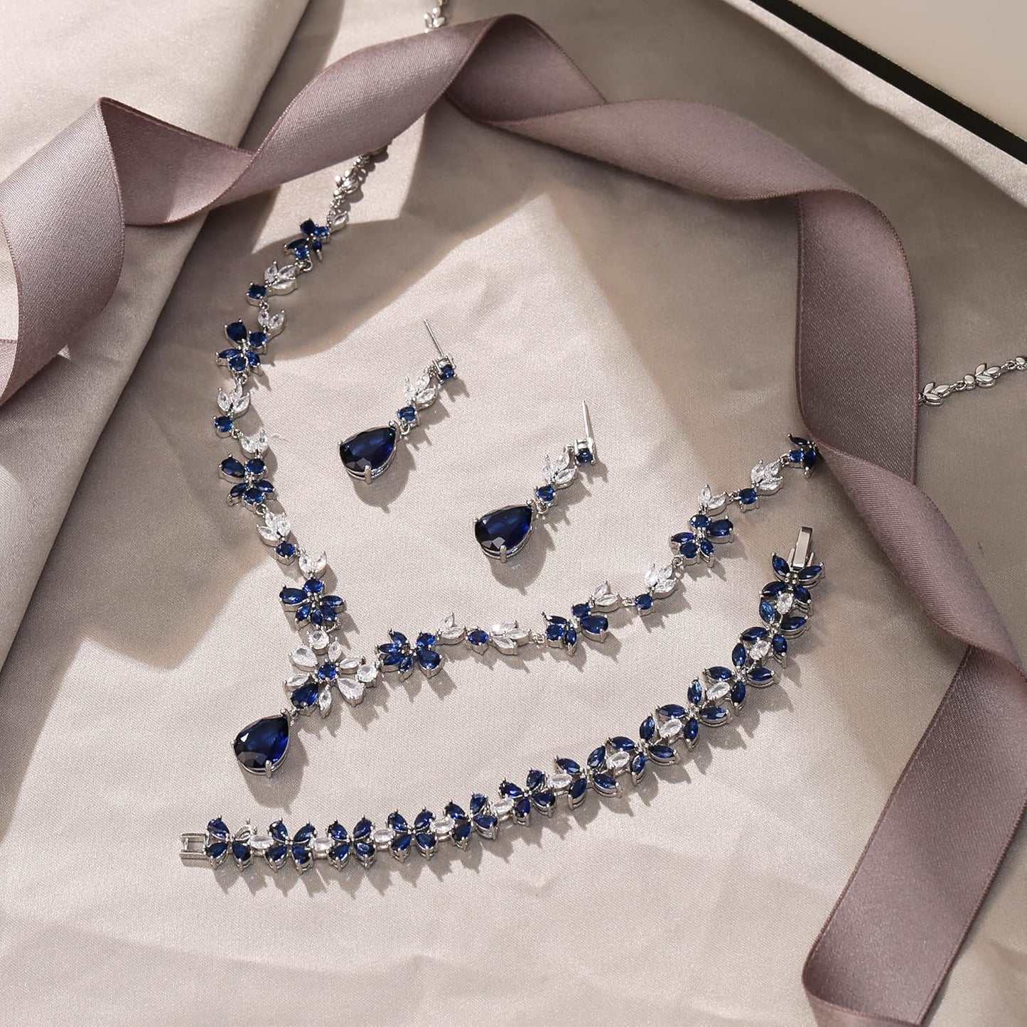 EVER FAITH Bridal Jewelry Set for Bride Bridesmaid, Flower Leaf Teardrop Cubic Zirconia Necklace Dangle Earrings Bracelet Sets Wedding Party for Women