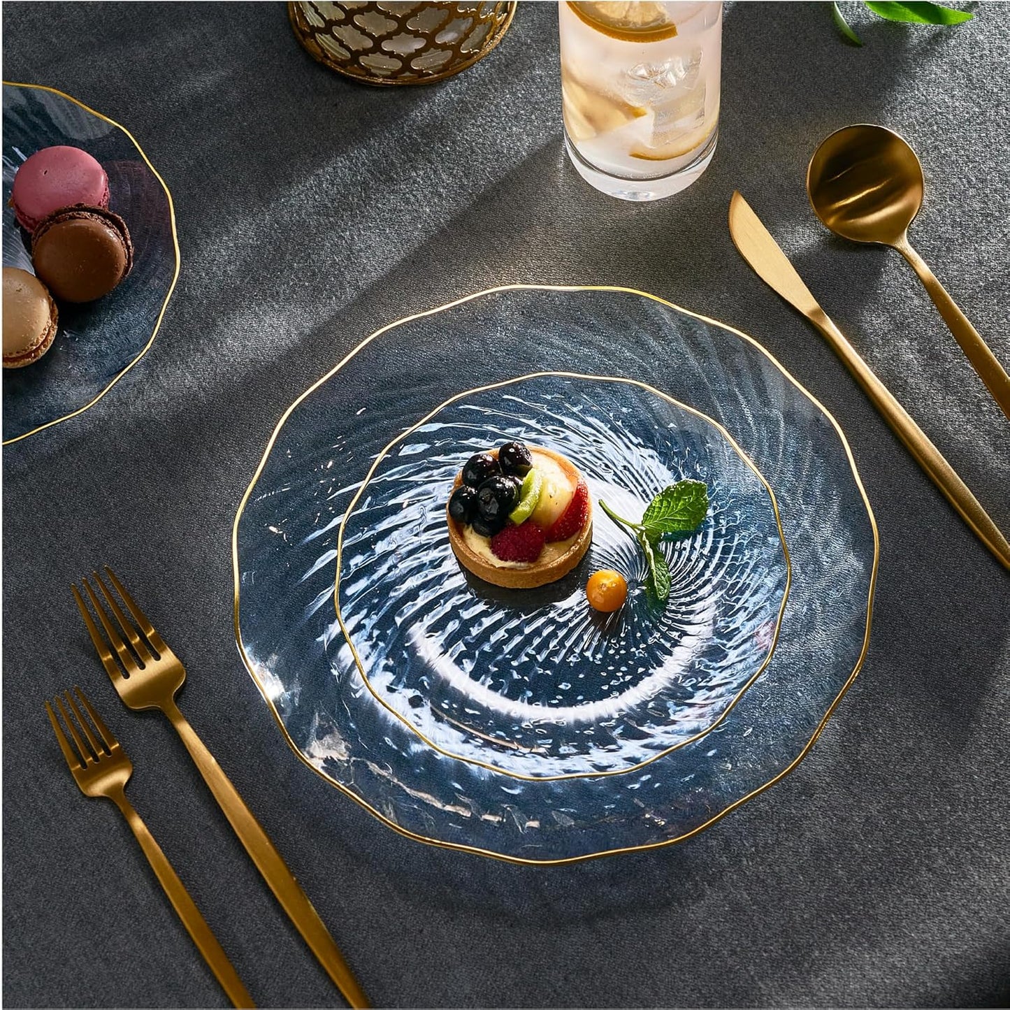 PLASTICPRO 60 Pack Plastic Plates Set of 30-10 inch Plates and 30-7 inch Plate, Elegant Clear Blue Spiral and Gold Rim Disposable Fancy Plate Premium Heavyweight