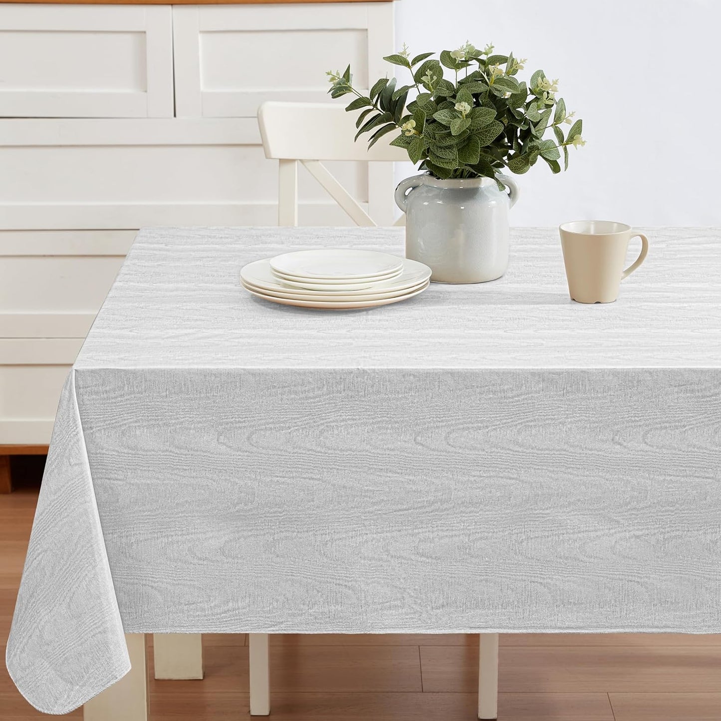 Newbridge Vinyl Flannel Backed Tablecloth, 60 x 84 Inch Rectangle, Silvery White Moire Wavy Solid Design, Heavyweight Indoor Outdoor Waterproof Table Cover, Easy Care Wipe Clean