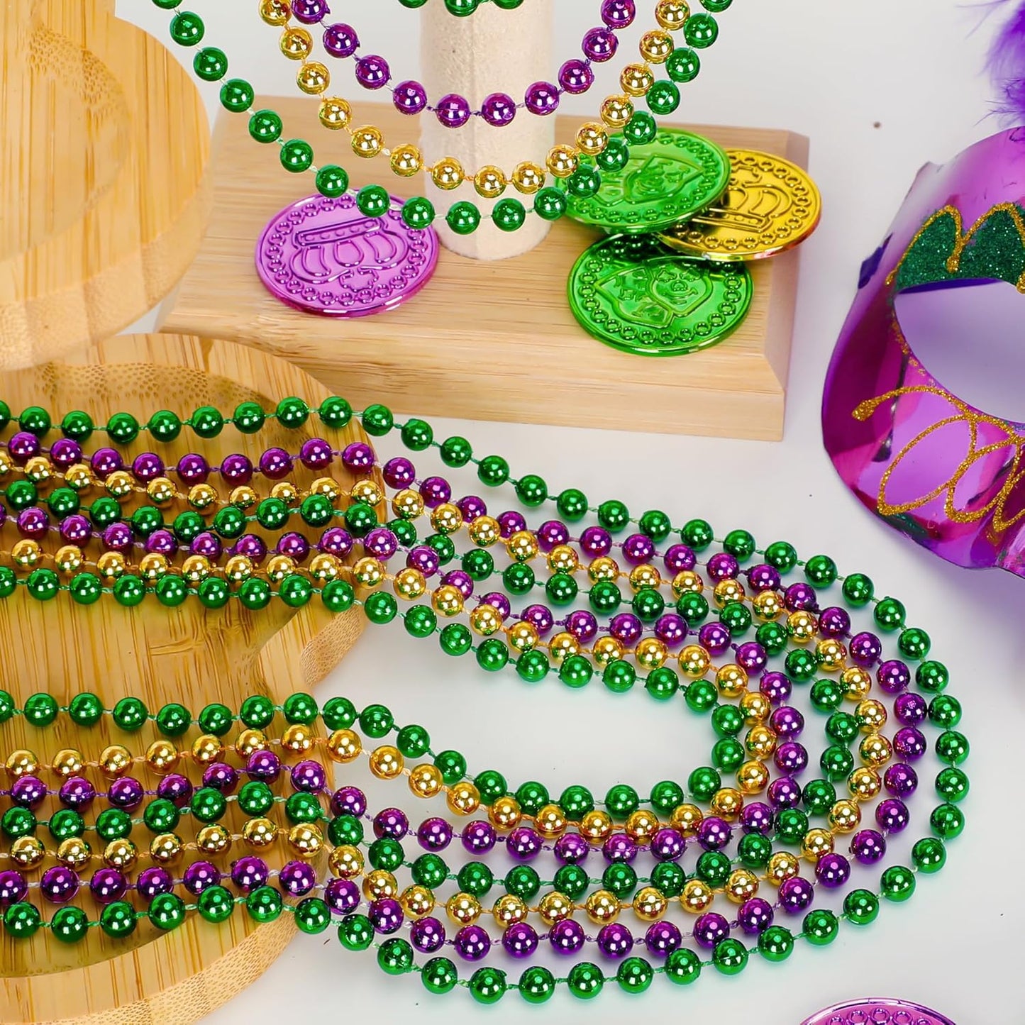 12PCS Mardi Gras Beads, Green Purple Gold Mardi Gras Metallic Costumes Necklaces Bulk, Mardi Gras Beads Necklace Costumes Accessory Sets for Parade Throws Party Decorations Favor Supplies