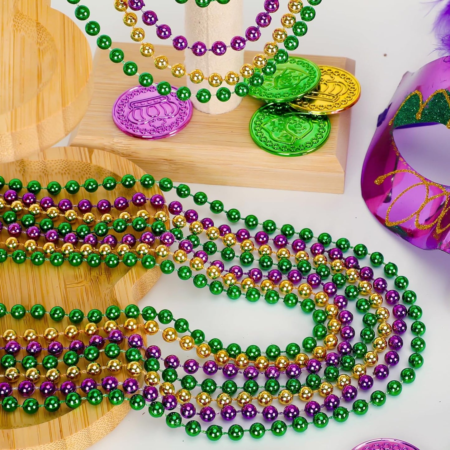 24PCS Mardi Gras Accessories, Mardi Gras Green Purple Gold Metallic Beads Necklaces Accessories Bulk, Mardi Gras Beads Necklace Costumes Women Men Kids for Parade Throws Party Decor Favor Supplies