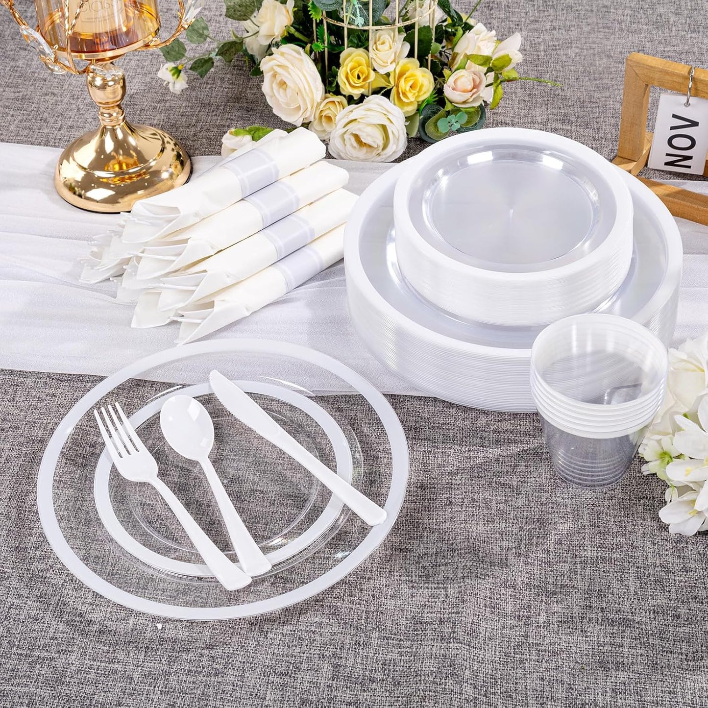 I00000 350 Pcs Clear White Plates for 50 Guests, White Dinnerware Include 100 Plates, 50 Cups, 50 Pre Rolled Napkins with Cutlery Set for Party and Wedding
