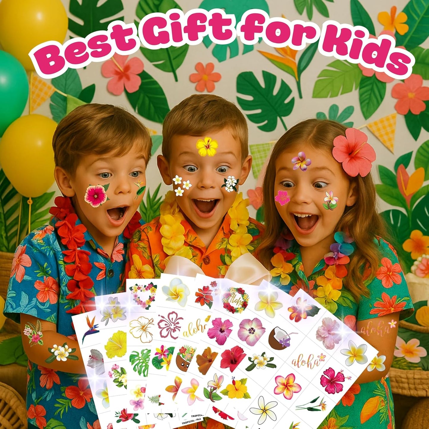 96 PCS Tropical Flower Hawaiian Pre-Cut Temporary Themed Birthday Favors Supplies Décor Cute Luau Gifts For Game Boys Girls Classroom School (Normal)