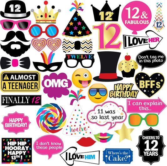 12th Birthday Photo Booth Party Props - 40 Pieces - Funny Kids Birthday Party Supplies, Decorations and Favors