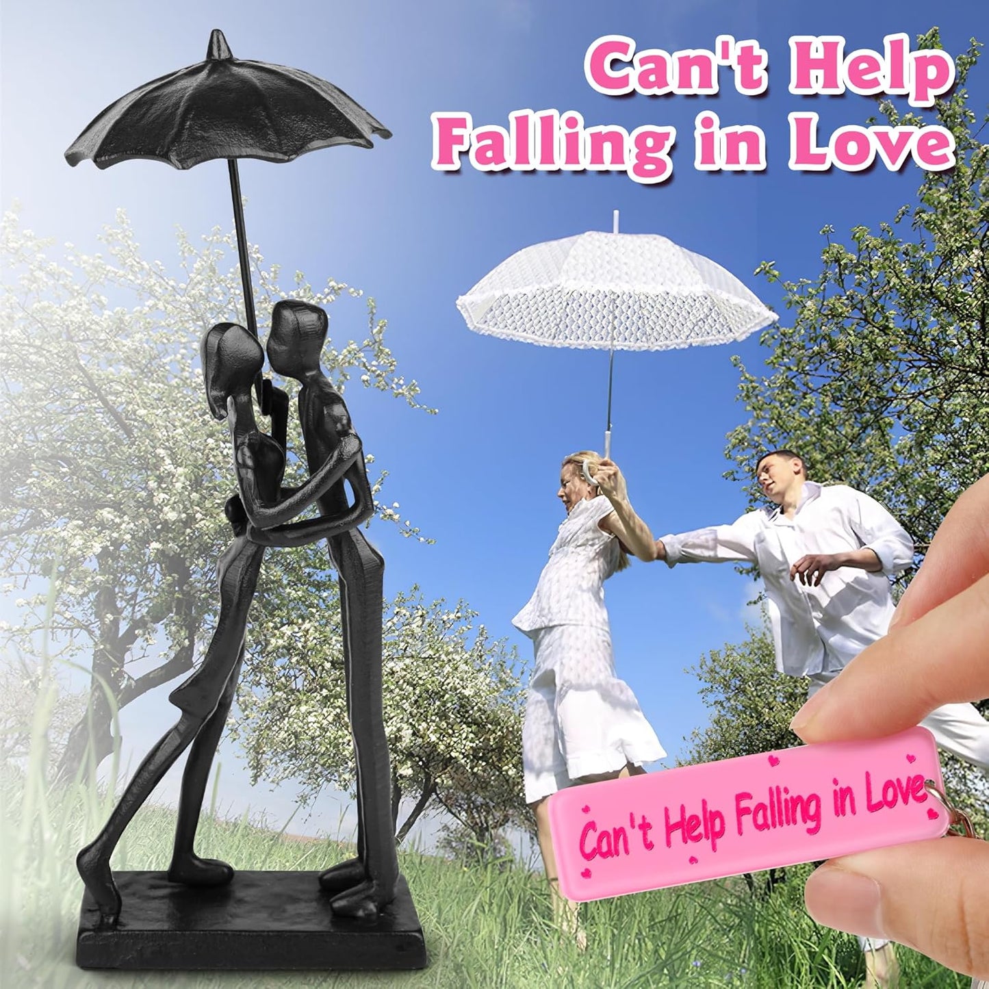 Anniversary for Couple/Her, Affectionate Couple Statue Kissing Under Umbrella, Handcrafted Cast Iron Sculpture in Love, for Wedding Gifts 6th Anniversary Birthday Gifts