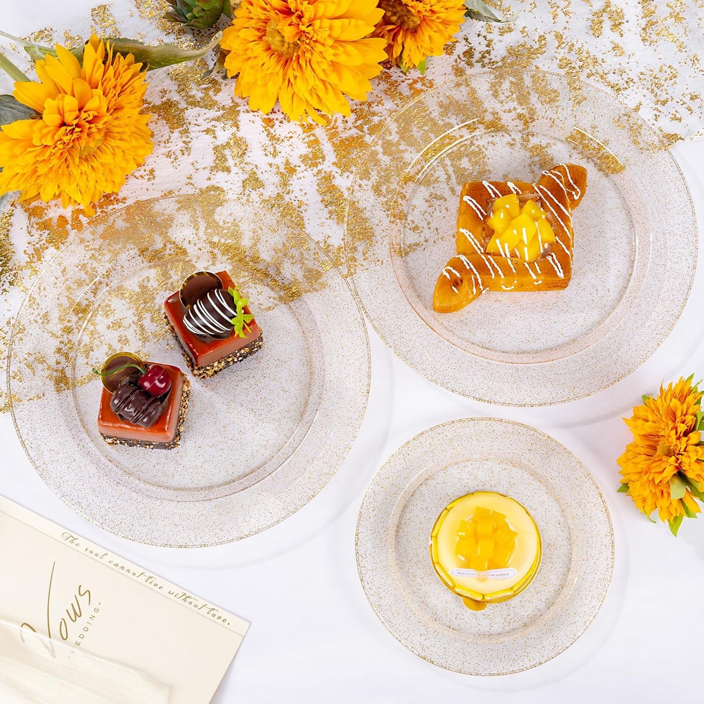 WDF 200PCS Gold Plastic Plates - Gold Glitter Plastic Plates - Heavy Duty Gold Glitter Disposable Plates - Include 100 Dinner Plates 10" and 100 Dessert Plate 7" for Thanksgiving Parties/Wedding