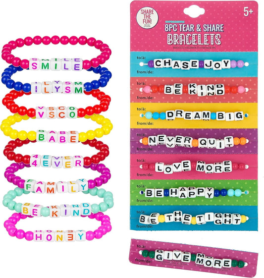 EXPRESSIONS 16pc Tear Share Bracelets BRIGHT Beads Novelty Message Friends Colorful Letter Beaded Party Favor Jewelry Bulk Supplies Children Teens School Gift