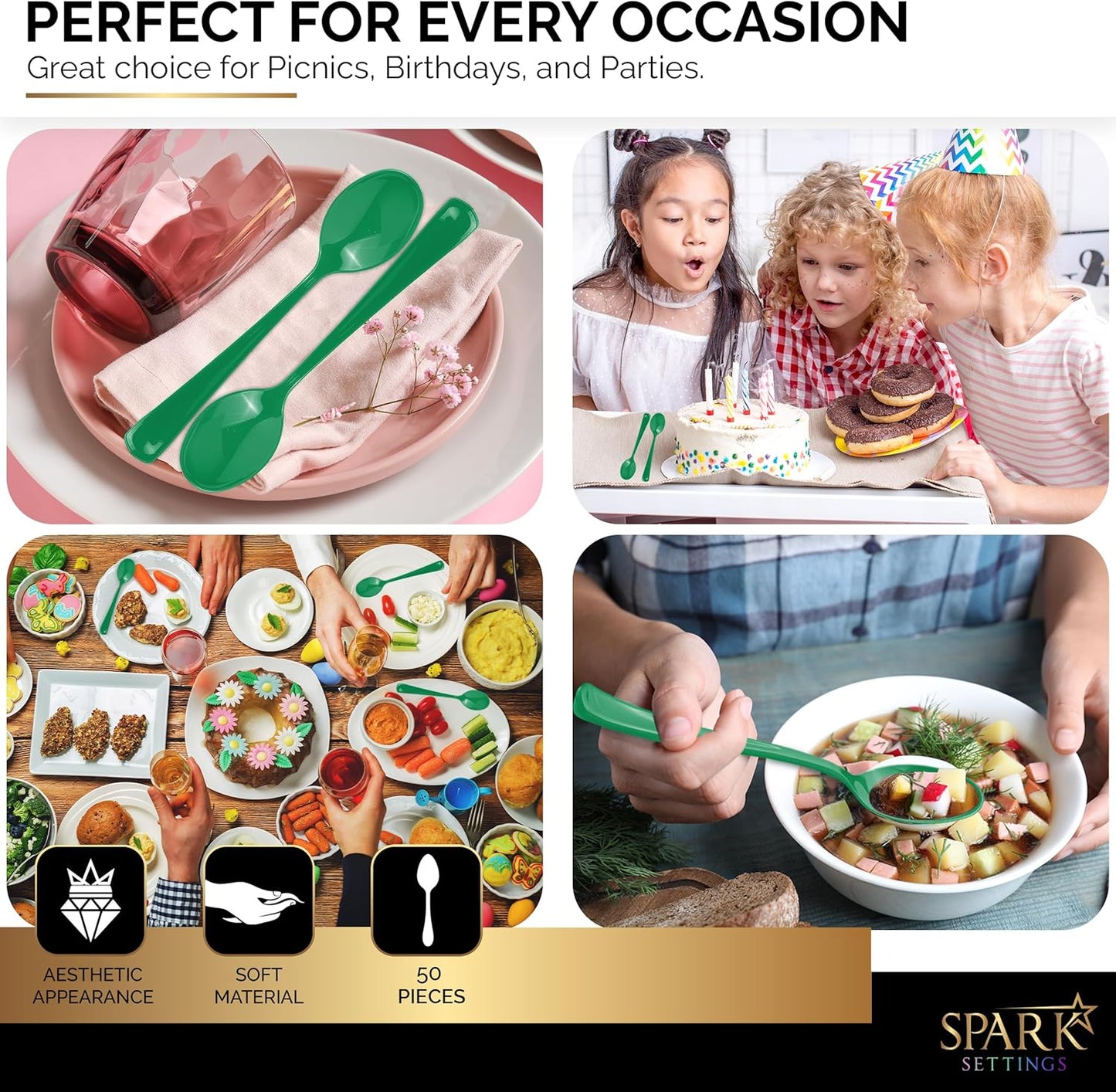 Green Disposable Plastic Spoons - Heavy Duty Silverware, Ideal for Hot & Cold Food, Perfect for Home, Office, School, Parties & Weddings - 50 Pack