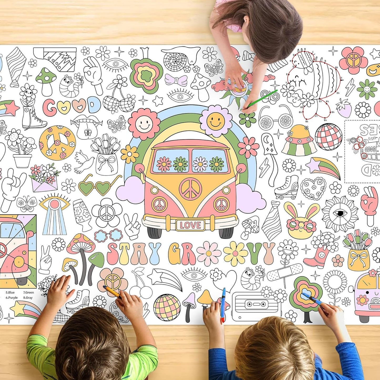 Groovy Coloring Tablecloth for Kids, Colorful 30x72 Inch Poster with Peace Signs, Daisy, Retro Designs, Perfect for Groovy Party Games for Girls, 70s Decorations, Celebration Supplies