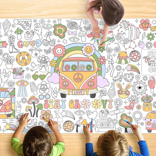 Groovy Coloring Tablecloth for Kids, Colorful 30x72 Inch Poster with Peace Signs, Daisy, Retro Designs, Perfect for Groovy Party Games for Girls, 70s Decorations, Celebration Supplies