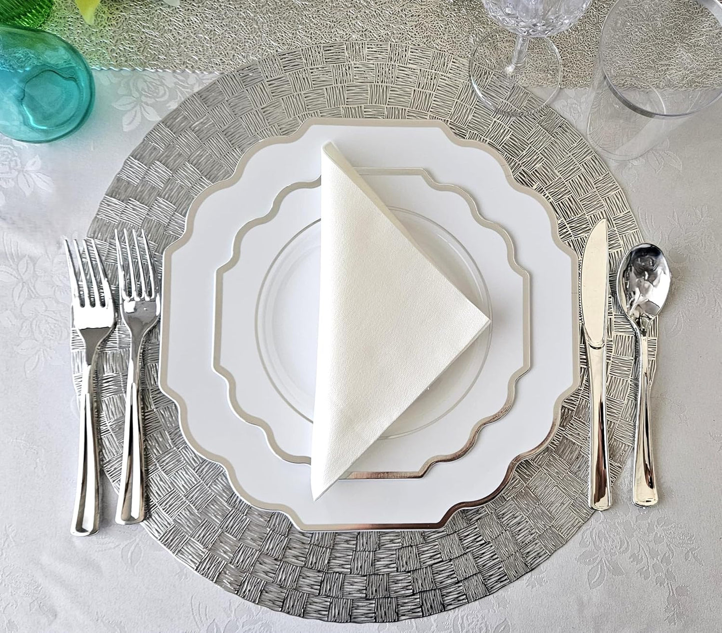 " OCCASIONS " 240 Plates Pack (120 Guests) Heavyweight Wedding Party Disposable Plastic Plates Set -120 x 10.5'' Dinner + 120 x 8'' Salad/Dessert Plate (Imperial in White & Silver Rim)