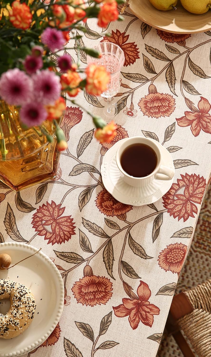 ISAENNE Designer French Table Cloth for Rectangle Table,Linen Orange Floral Pattern Indoor Tablecloth,Wrinkle Resistant Decor Table Cloth for Dining Thanksgiving Kitchen,55"*79"-Alvarado D