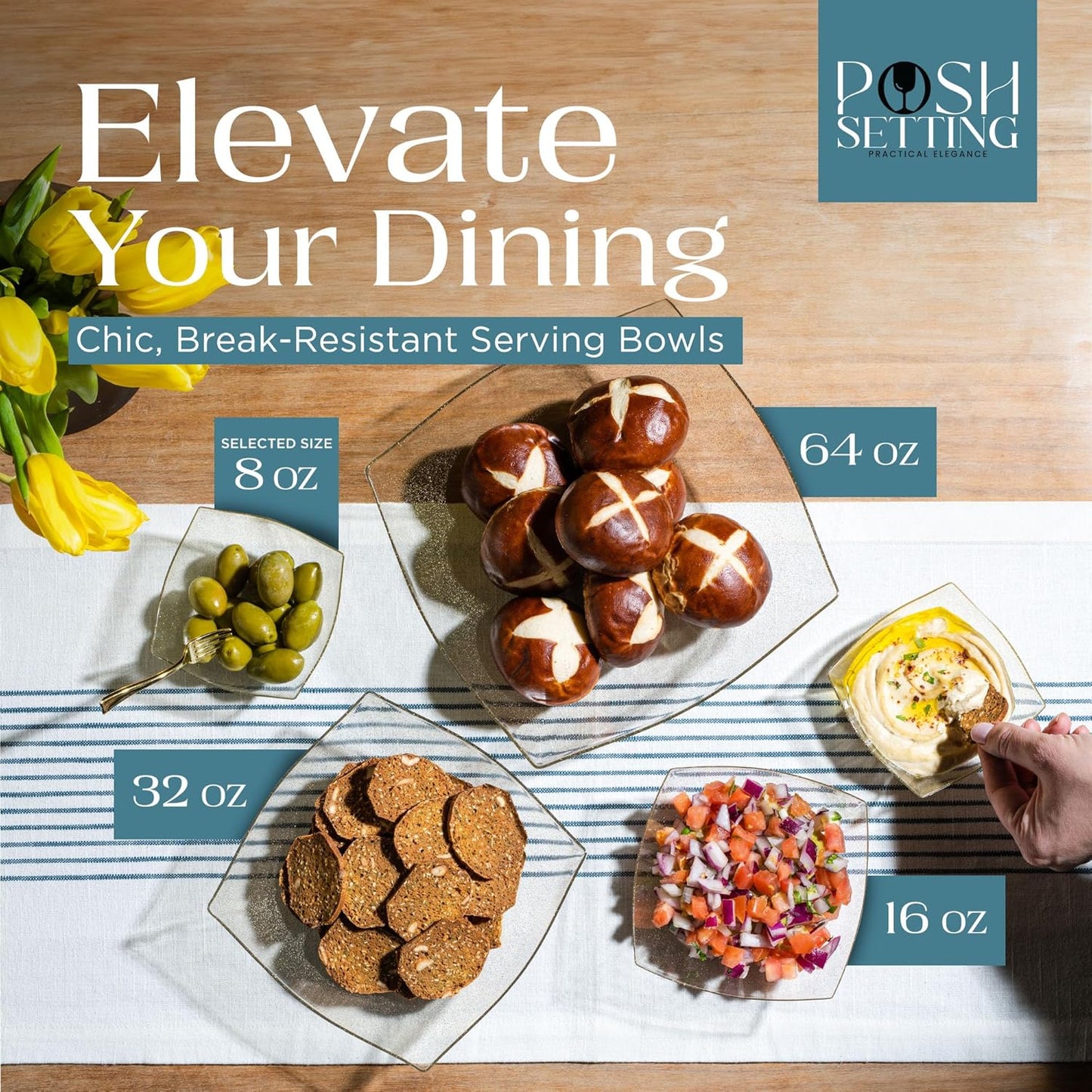 Posh Setting Gold Glitter Plastic Serving Bowls (8oz - 4 Pack) Square Disposable Containers for Party Table, Chips, Candy Buffet, and Salad