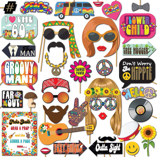 60s Photo Booth Props - 41-pc Photo Booth Kit with 8 x 10-Inch Sign, 60 Adhesive Pads, 45 Sticks - Hippie Photo Booth Props - 1960 Party Supplies - Props for Woodstock Party