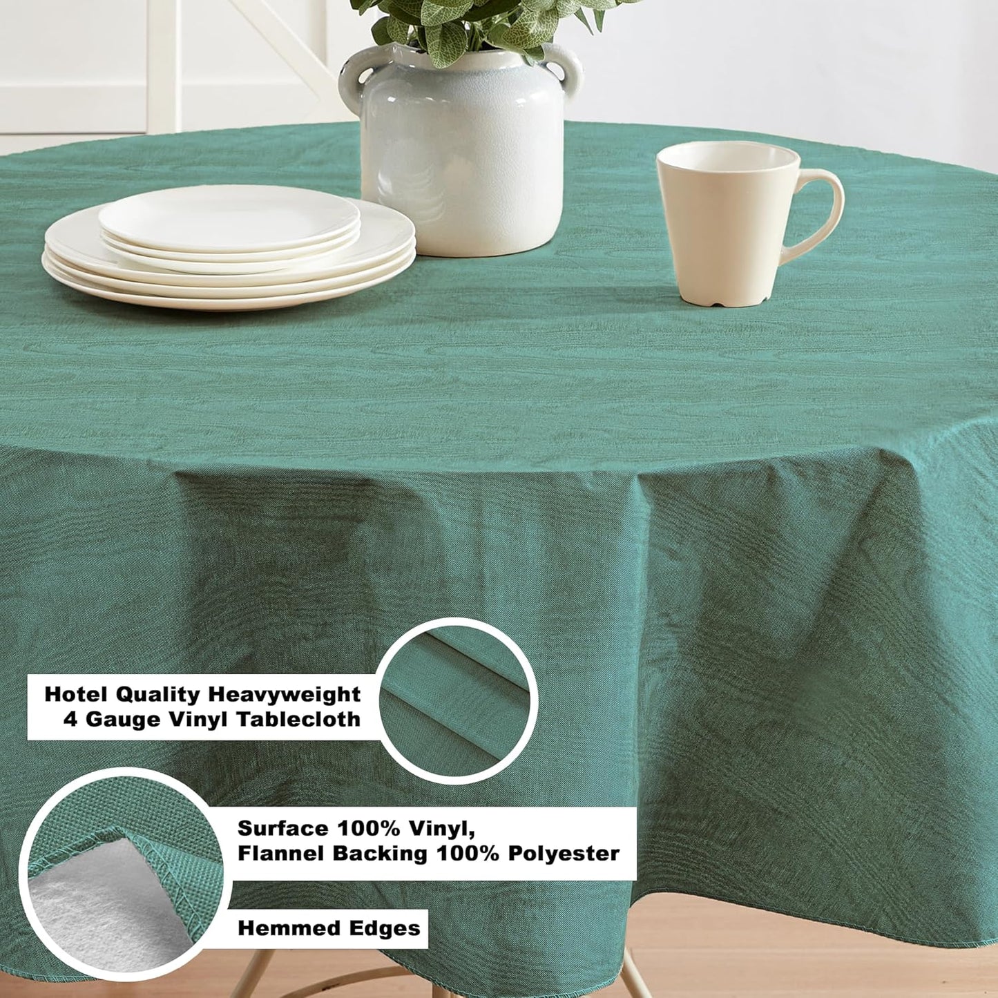 Newbridge Vinyl Flannel Backed Tablecloth, 70 inch Round, Hunter Green Moire Wavy Solid Design, Heavyweight Indoor Outdoor Waterproof Table Cover, Easy Care Wipe Clean