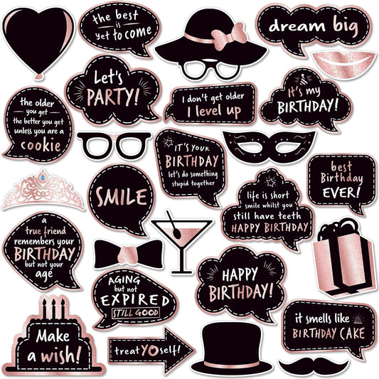 Premium Birthday Photo Booth Props Kit, 27 Rose Gold Party Decorations (No Glitter), Durable & Easy-to-Use Photobooth Props Signs for Memorable Photos & Unforgettable Celebrations by PixiPy