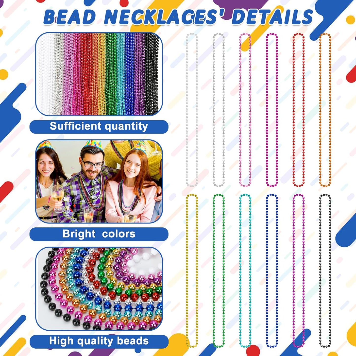 200PCS Mardi Gras Beads, 33" Bead Necklace, Colorful Mardi Gras Accessories, Women Men Party Beads Parade Throws Bulk for Christmas Pirate Baby Shower Carnival Birthday Party Supplies Decor