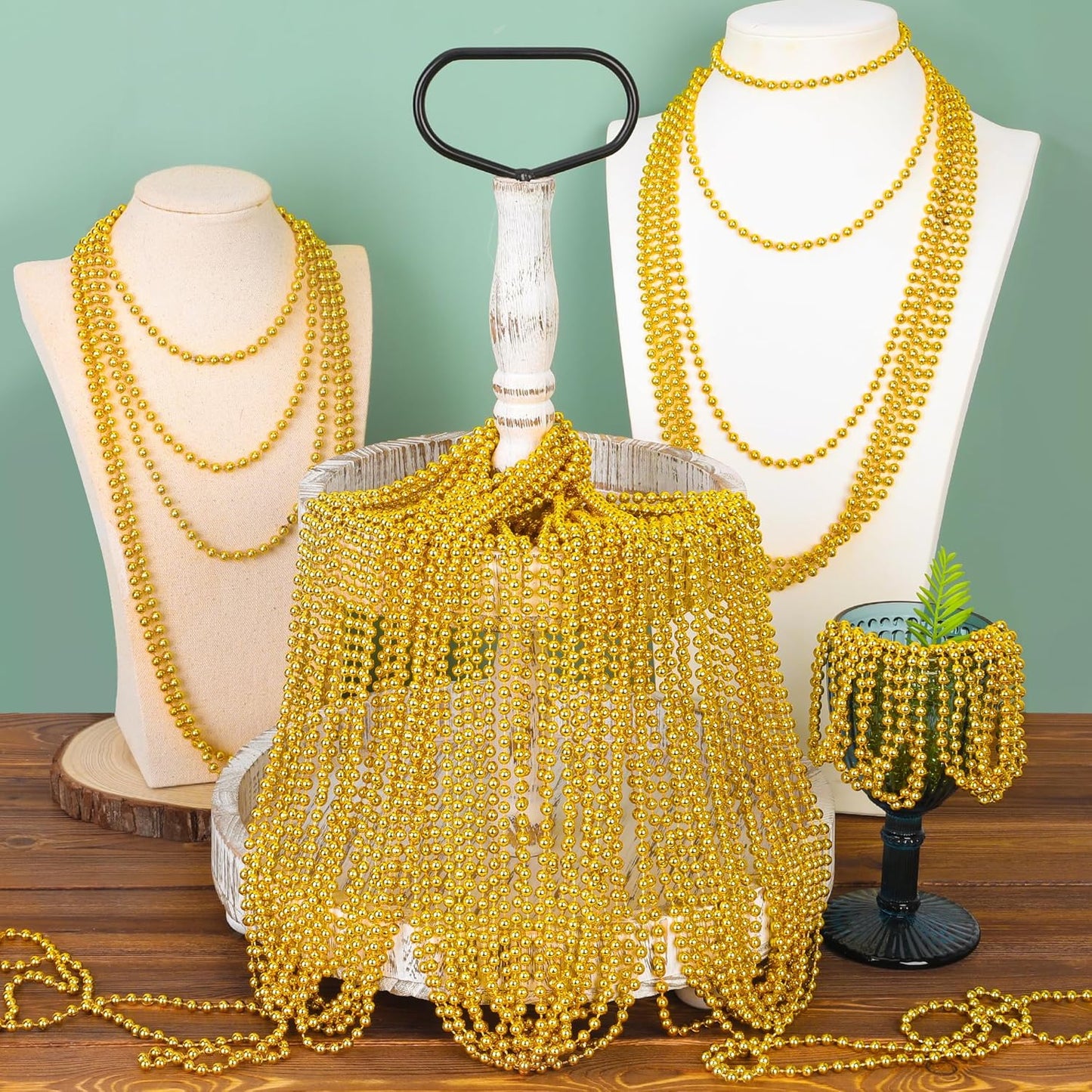 30PCS Mardi Gras Beads, Gold Bead Necklaces Decorations Stuff, 33" St Patricks Day Mardi Gras Necklace Party Favors, Festival Parade Throw Wedding Birthday Pirate Party School Activity Supplies Decor