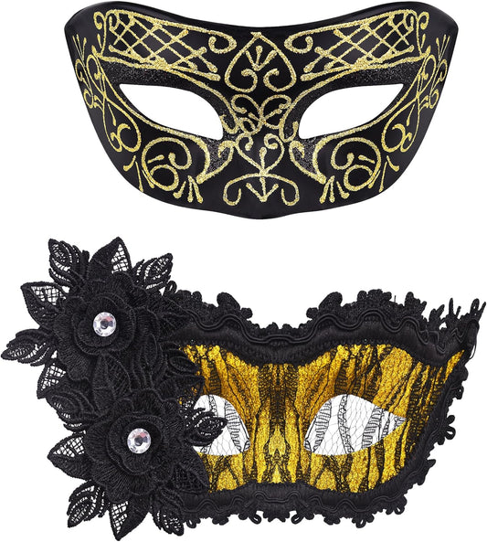 SIQUK Couple Masquerade Masks Set Venetian Party Mask Plastic Halloween Costume Mask Mardi Gras Mask for Women and Men