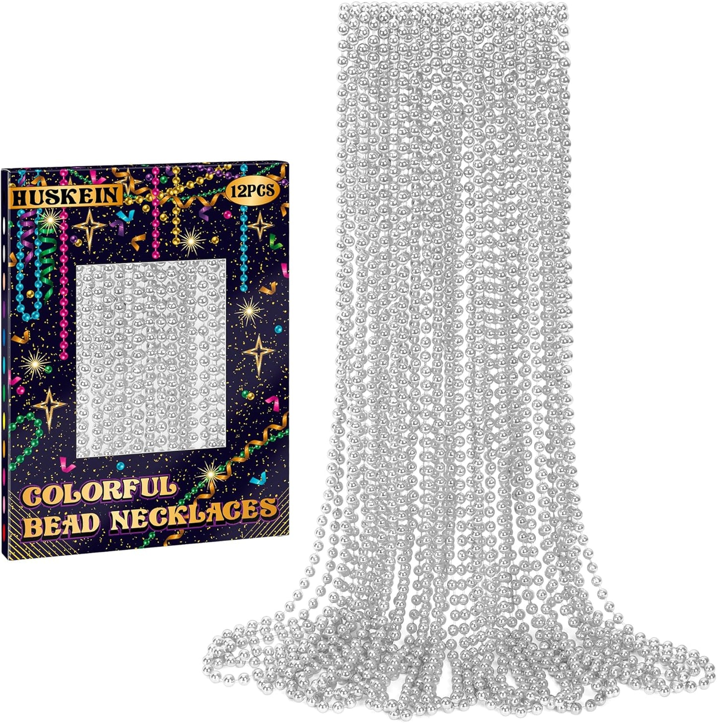 12 PCS Silver Mardi Gras Beads, 33" Christmas Beads Necklaces, Festival Parade Throws Accessory Sets, Bulk Carnival Round Costume for Independence Day Party Favors Christmas Decorations