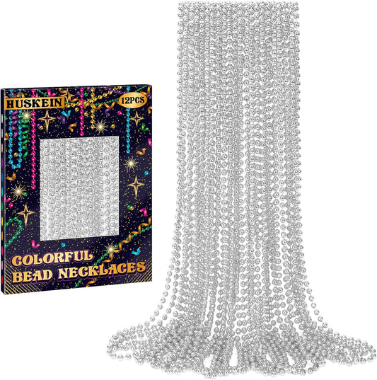 12 PCS Silver Mardi Gras Beads, 33" Christmas Beads Necklaces, Festival Parade Throws Accessory Sets, Bulk Carnival Round Costume for Independence Day Party Favors Christmas Decorations