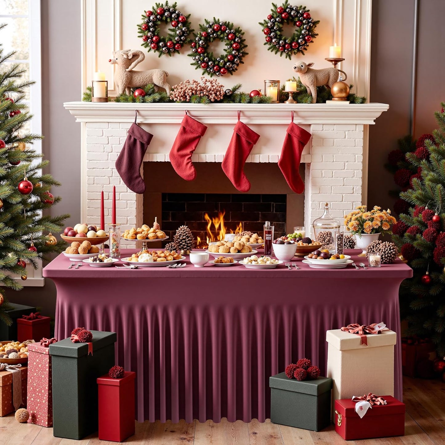 leegleri 4 Pack Burgundy Spandex Table Clothes for 6 Foot Rectangle Tables, Wrinkle Free Fitted Table Cover 6ft Stretch Tablecloths with Skirt for Parties Weddings Birthday Banquet Baby Shower